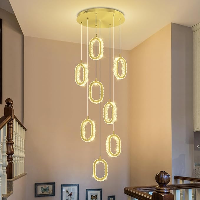 Gold 8 Rings Crystal Chandelier for Foyer Stairwell High Ceiling Chandelier Dimmable Oval Crystal Ring Pendant Light