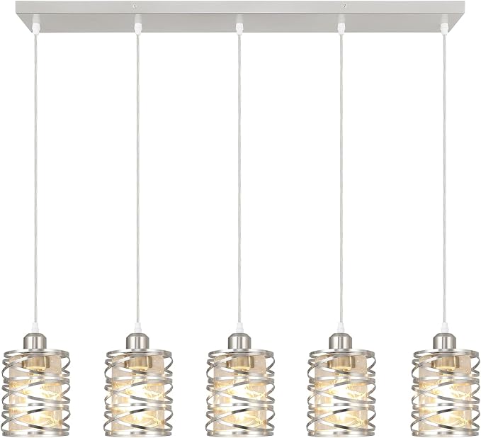 Brushed Nickel Pendant Lights for Kitchen Island, 5-Light Chandelier for Dining Room, Hanging Linear Chandeliers, Modern Dining Room Light Fixtures Pendant Light with Clear Glass Shades