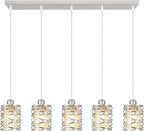 Brushed Nickel Pendant Lights for Kitchen Island, 5-Light Chandelier for Dining Room, Hanging Linear Chandeliers, Modern Dining Room Light Fixtures Pendant Light with Clear Glass Shades