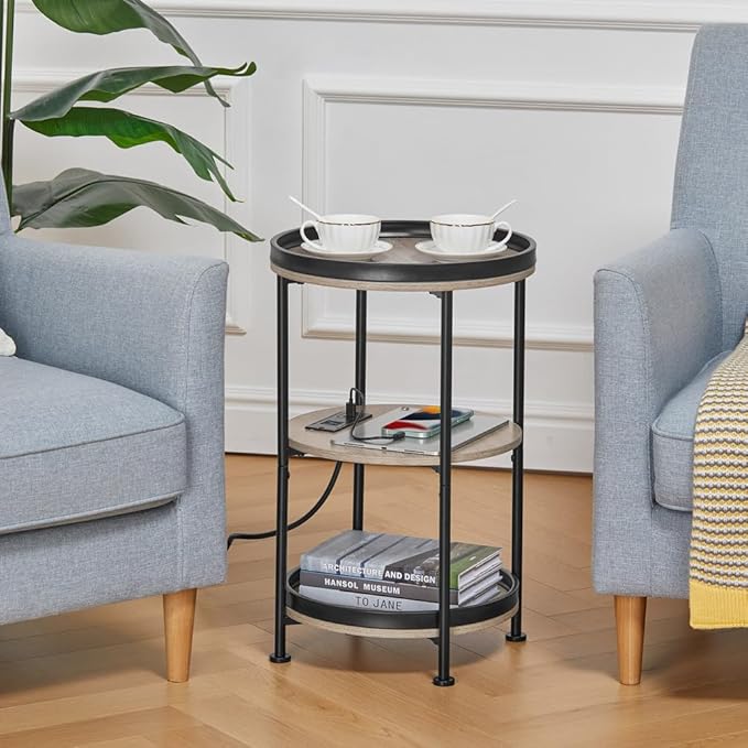 Dulcii Round Side Table with Charging Station, End Table with 3 Shelves for Living Room, Bedroom Nightstand for Small Spaces, Industrial Round Sofa Table with Steel Frame (USB+Oak)