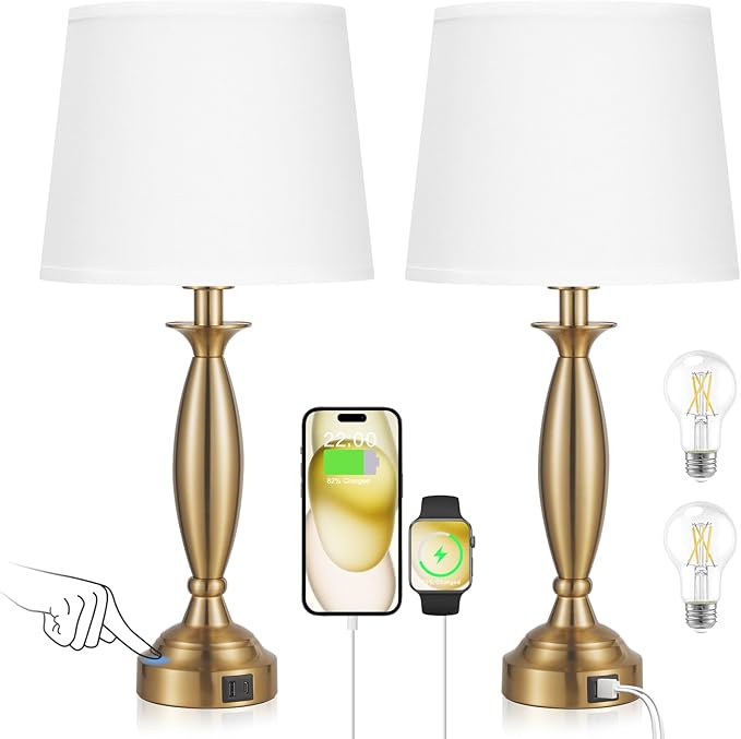 White Gold Lamps for Bedrooms Set of 2 - Touch Control Bedside Lamp with USB C+A, 3 Way Dimmable Nightstand Lamps with USB Port, Table Lamp for Living Room(White Shade and Gold Base)