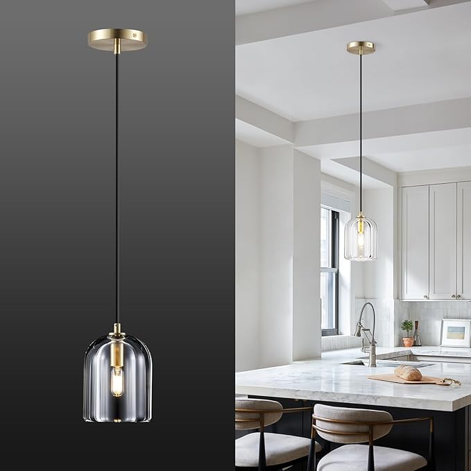 Pendant Light for Kitchen Island, Gold Modern Crystal Glass Modern Pendant Lights, Dome Pendant Light in Kitchen Island, E12 Bulb Indoor Island Pendant Lights,for Dining Room,Living Room