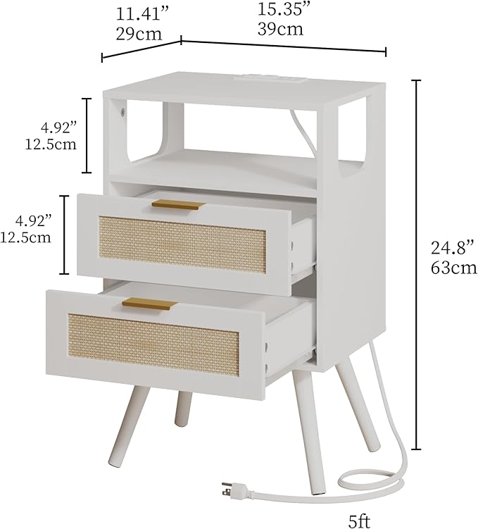 Rattan Nightstand with Charging Station,Farmhouse Bedside Table with 2 Storage Drawer and Open Wood Shelf, for Bedroom and Small Spaces,Night Stand with Solid Wood Legs (White-Outlet)