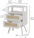 Rattan Nightstand with Charging Station,Farmhouse Bedside Table with 2 Storage Drawer and Open Wood Shelf, for Bedroom and Small Spaces,Night Stand with Solid Wood Legs (White-Outlet)
