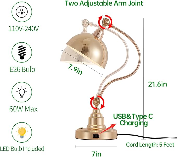 Vintage French Gold Desk Lamp Decorative Table Lamp for Home Office Living Room Bedroom Desk Light, Rustic Industrial Farmhouse Antique Library Study Desk Lamp E26 LED Bulb Included