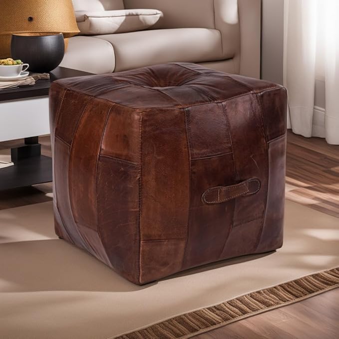 Square Shaped Buffalo Leather Handmade Eco-Friendly Brown Pouf - Square Pouf, 14" x 14"x 14", Plain Solid Pouf, Buffalo Leather Pouf, Recycled Foam with Fibre Fill Stuffed Pouf, Seating Pouf PF25