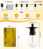 Outdoor String Lights Patio LED Light Outside - 60M IP65 Waterproof 58+2 S14 LED 200ft Porch Lighting