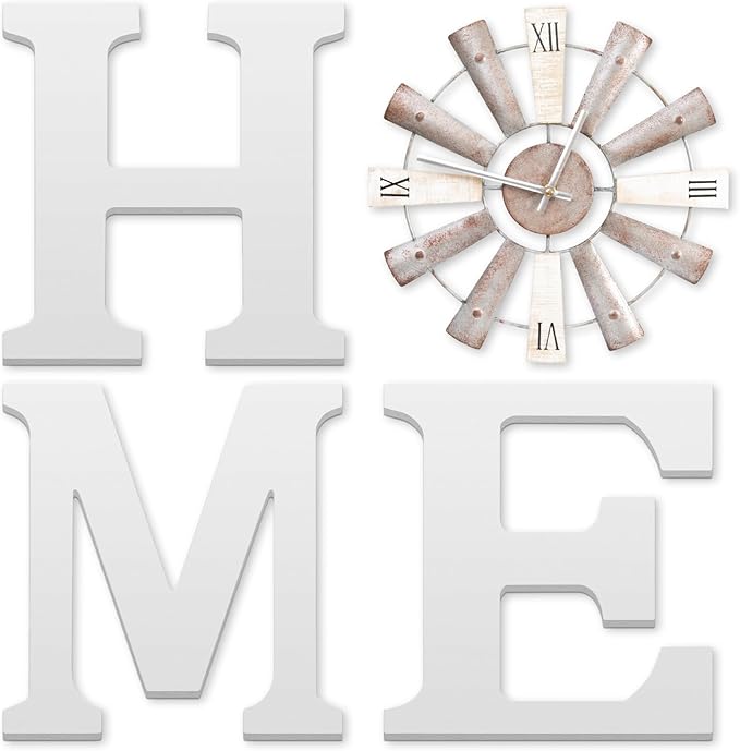 ZAZIWZ Farmhouse Home Signs with Windmill Clock Wall Decor Rustic Home Letters Wall Art for Living Room Kitchen Entryway Dining Room Bedroom (white)