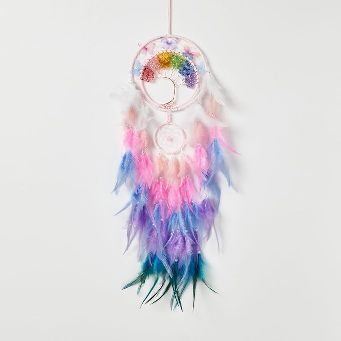 7 Chakras Dream Catchers Tree of Life Dream Catcher Colorful Feather Butterfly Dreamcatcher Wall Decor with Rainbow Healing Crystal Stone Wall Art for Bedroom Home Decor Bless Gift Wedding Party