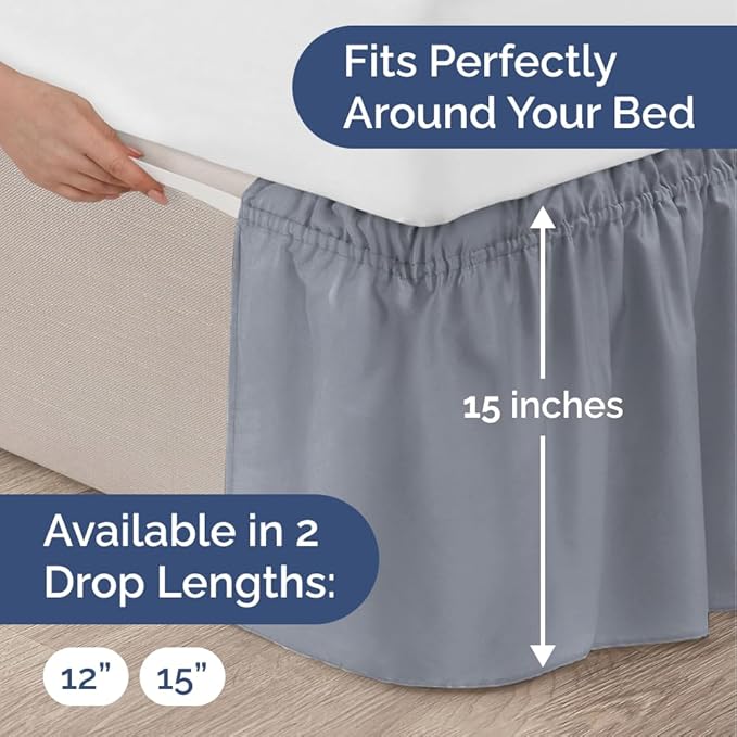 Wrap Around Dust Ruffle Bed Skirt - Steel Blue - Twin/Twin XL Size Beds w/ 15 Inch Drop - Easy Fit Elastic Strap- Adjustable Pleated Bedskirt w/Brushed Fabric - Wrinkle Free, Women, Men, Kids & Teens