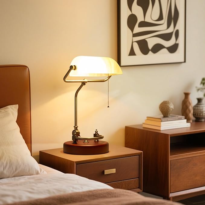 Bankers Lamp, Traditional White Desk Lamp with Solid Birch Wood Base, White Glass Antique Library Lamp with Pull Chain Switch, Plug in Vintage Bankers Desk Lamp for Office, Study Room 【E26 Socket】