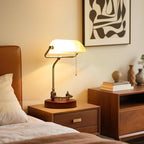 Bankers Lamp, Traditional White Desk Lamp with Solid Birch Wood Base, White Glass Antique Library Lamp with Pull Chain Switch, Plug in Vintage Bankers Desk Lamp for Office, Study Room 【E26 Socket】