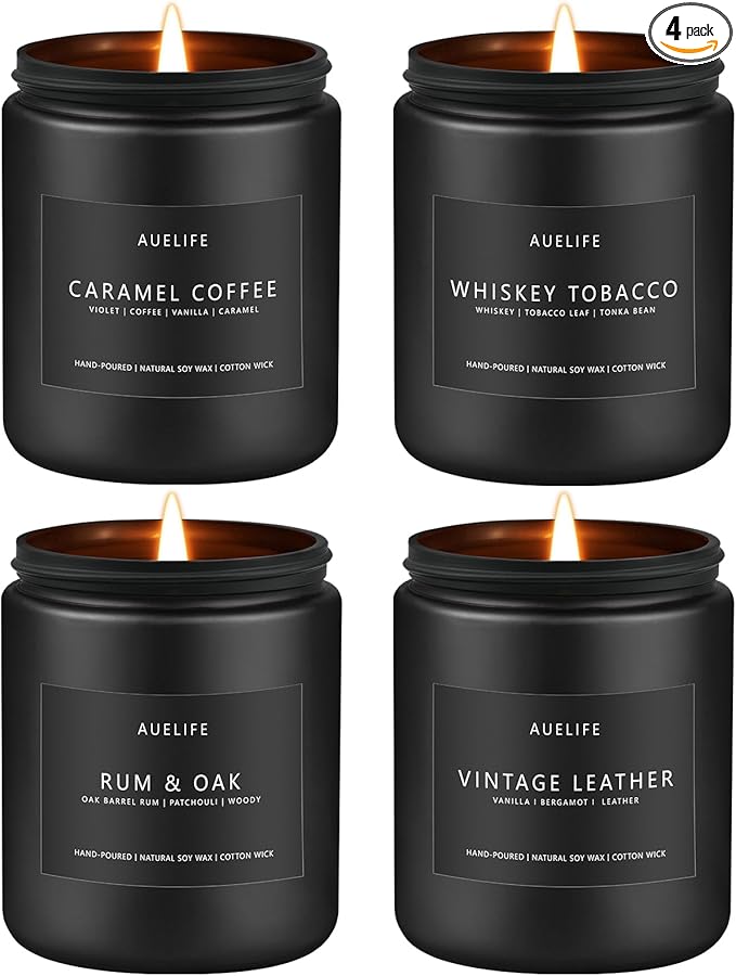 Scented Candles Set | Gifts for Men - 4Pack Candle Masculine Candle, Soy Candles for Home Scented, Aromatherapy Gifts Scents of Caramel Coffee/Whiskey Tobacco/Rum & Oak/Vintage Leather