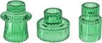 Double Sided Vintage Ribbed Taper Glass Candle Holders,Tea Candle Holder for Table Centerpieces, Wedding Decorations and Dinner Parties (Green, 3 PCS)