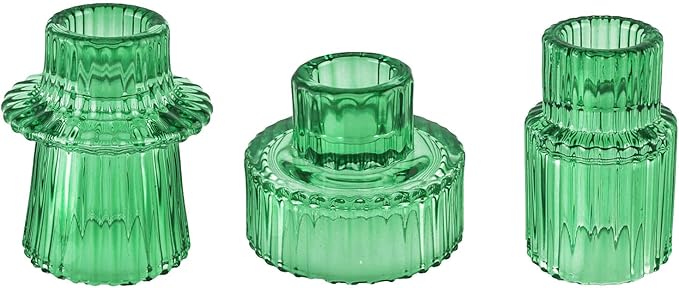 Double Sided Vintage Ribbed Taper Glass Candle Holders,Tea Candle Holder for Table Centerpieces, Wedding Decorations and Dinner Parties (Green, 3 PCS)