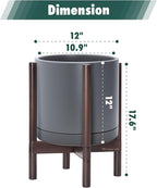 D'vine Dev Ceramic Planter with Walnut Color Stand - 12 Inch Modern Round Flower Pot with Wood Planter Holder, Grey, 55-B-W-3