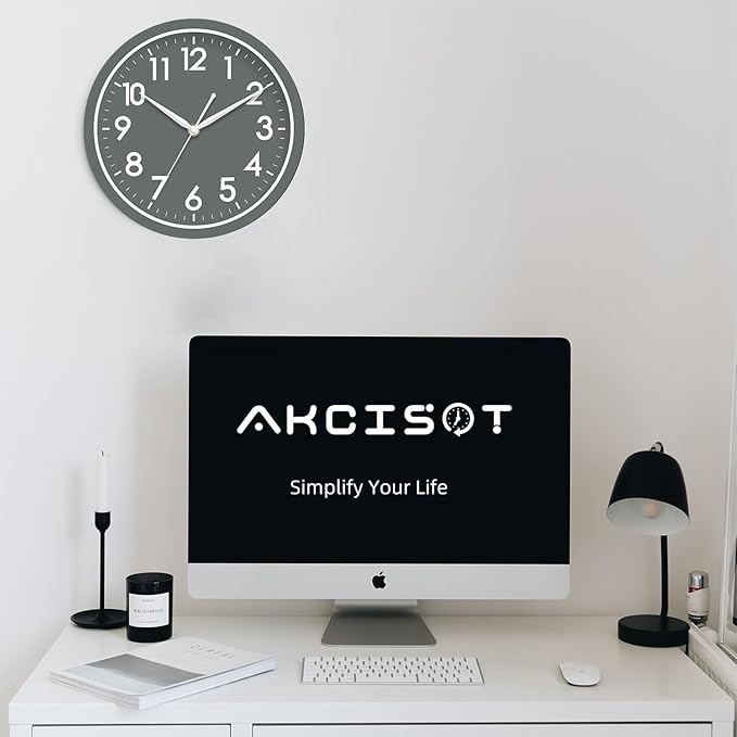 AKCISOT Wall Clock Bathroom 10 Inch Analog Small Wall Clocks Battery Operated - Silent Non Ticking Modern Simple Style Clock Decorative for Kitchen,Bedroom,Home Office,Living Room,School(Gray)
