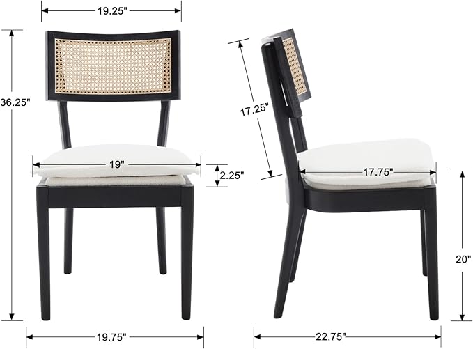 Rattan Dining Chairs Set Of 6 , Mid Century Modern Black Wooden Cane Back Chairs with Removable Sherpa Cushion , Retro Farmhouse Upholstered Kitchen & Dining Room Chairs for Restaurant Living Room