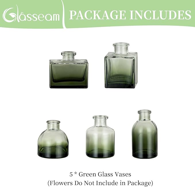 Glasseam Green Glass Bud Vase: Mini Small Vases for Centerpieces Cute Flower Vase Set of 5 Tiny Vases for Flowers Decorative Centerpiece Decor Table Wedding Party Dining Room Decoration