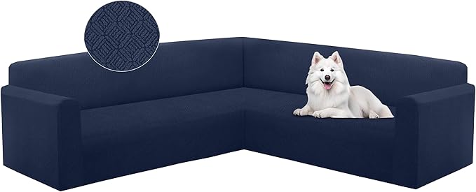 HDCAXKJ Sectional Couch Cover L Shape Stretch Sofa Covers Washable Jacquard Corner Couch Slipcover Non Slip Sectional Slip Cover U Shaped Furniture Protector for Pets Dogs (Navy Blue, Small)