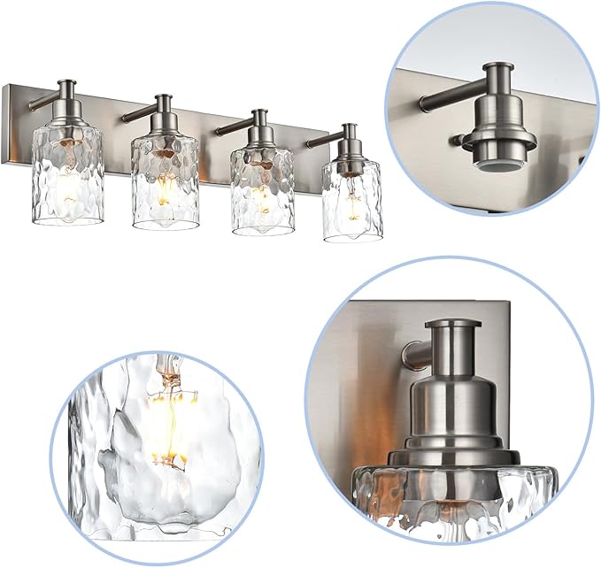 BONLICHT 4-Light Bathroom Vanity Light Fixture Brushed Nickel Industrial Wall Sconce Lighting with Hammered Glass Shade for Living Room Bedroom Hallway Porch Workshop Dressing Table