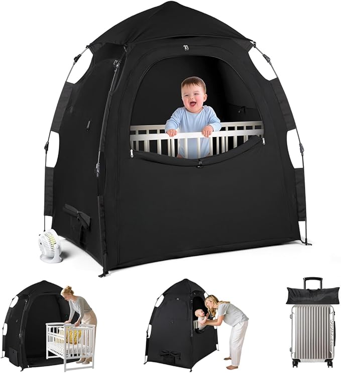 Blackout Tent for Pack and Play - Pack N Play Blackout Cover - 1-Click Setup Portable Sleep Pod with Monitor Pouch & 2 Fan Pouch, Black Out Tent Blocks 95% Light