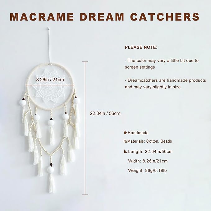 Macrame Dream Catcher Wall Decor with Pom Poms Large White Dreamcatcher Wood Beads Boho Wall Hanging, Handmade Tassels Ornament Room Decor for Girls Bedroom Living Room Weddings
