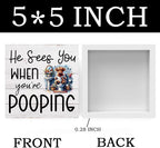 Funny Highland Cow Decor Memorial Day Fourth of July Independence Day Decorations Red White and Blue Decor, Rustic Farmhouse Home Office Wooden Box Sign for Bathroom - He Sees You When You're Pooping