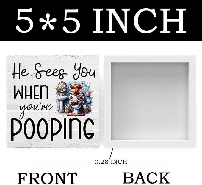 Funny Highland Cow Decor Memorial Day Fourth of July Independence Day Decorations Red White and Blue Decor, Rustic Farmhouse Home Office Wooden Box Sign for Bathroom - He Sees You When You're Pooping