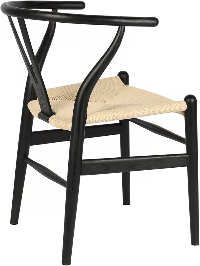 Tomile Solid Wood Wishbone Chair Y Chair Mid-Century Armrest Dining Chair, Hemp Seat (Ash-Black Frame + Natural Cord)