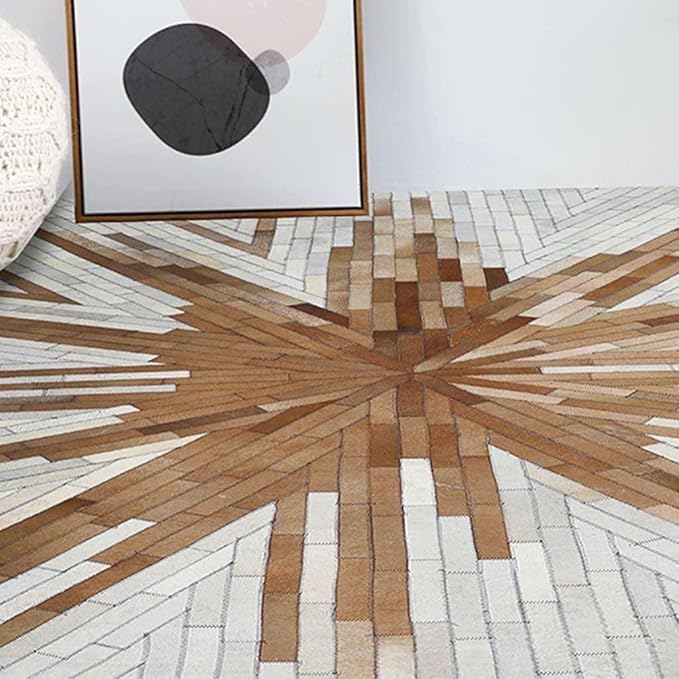 Faux Cowhide Area Rug | Radiating Starburst Pattern Non-Slip Leather Carpet for Western, Farmhouse & Modern Home Décor – Living Room, Bedroom & Office Accent(Tan_3x8)