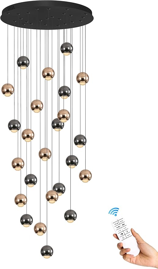 LED Staircase Chandelier Crystal Ceiling Lights Large Chandeliers for High Ceilings, Entryway Modern Lighting Fixture Villas and Stairs 24 Lights Black and Gold Dimmable 2700k-6000k