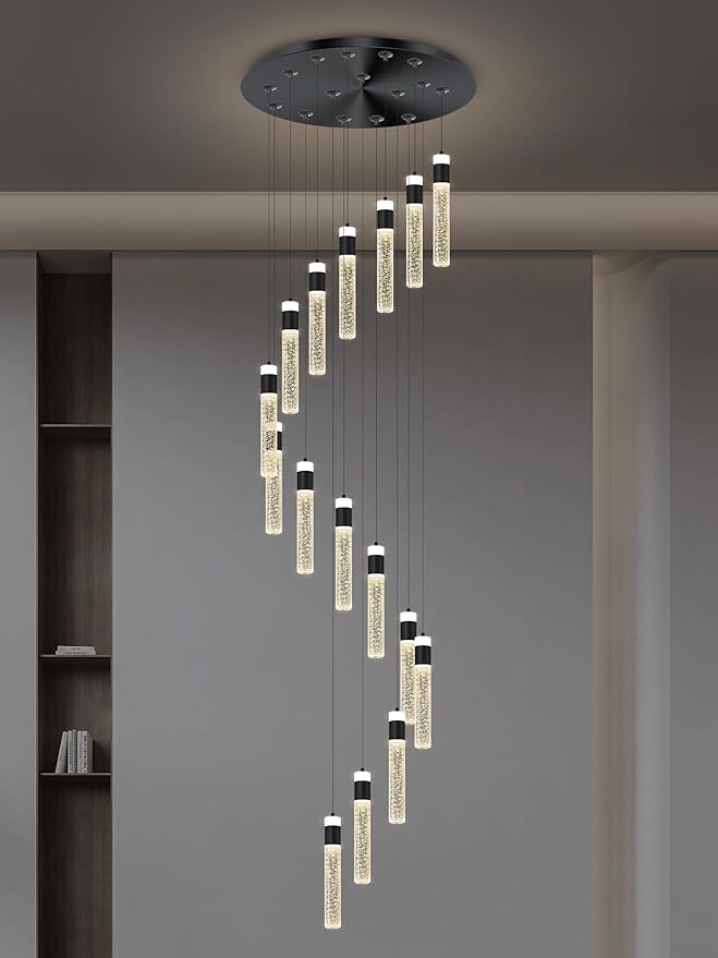 16-Light Black Crystal Chandelier for Foyer Entrance Loft 118" Long Spiral Stair Bubble Crystal Chandelier for High Ceiling Lighting Fixtures LED Lampara, Dimmable 3000K-6000K