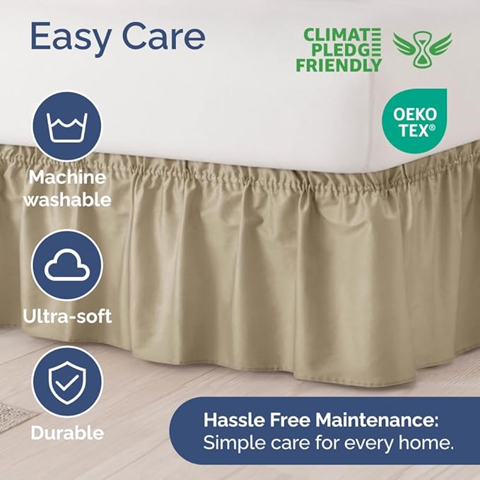 Wrap Around Dust Ruffle Bed Skirt - Beige - for Full Size Beds with 24 Inch Drop - Easy Fit Elastic Strap - Adjustable Pleated Bedskirt w/Brushed Fabric - Wrinkle Free - for Women, Men, Kids & Teens