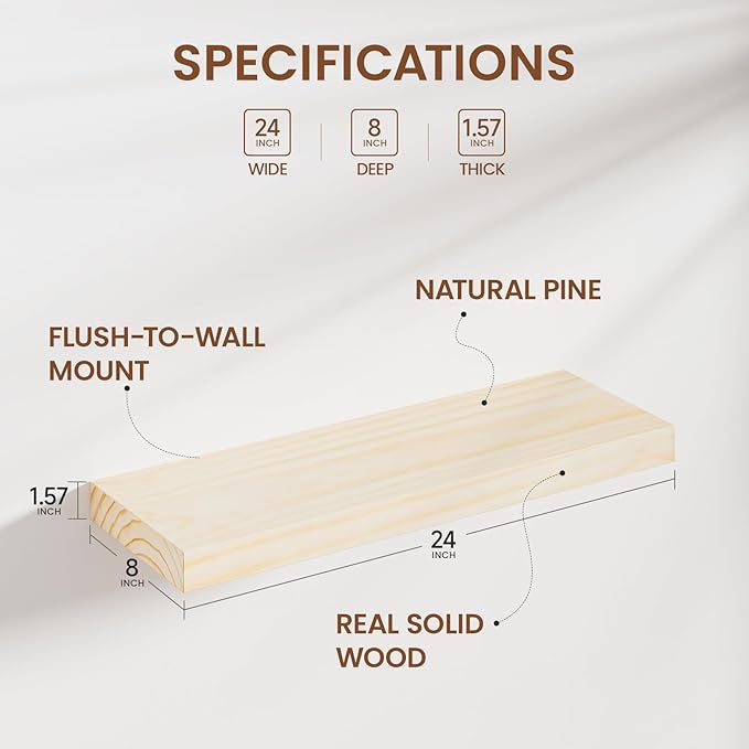 Heimlove 24 inch Floating Shelves for Wall,2 Packs Natural Pine Solid Wood Bathroom Shelf Over Toilet Decor and Storage 8 inches Deep for Kitchen Bedroom Office & Living Room Display Wall Decor
