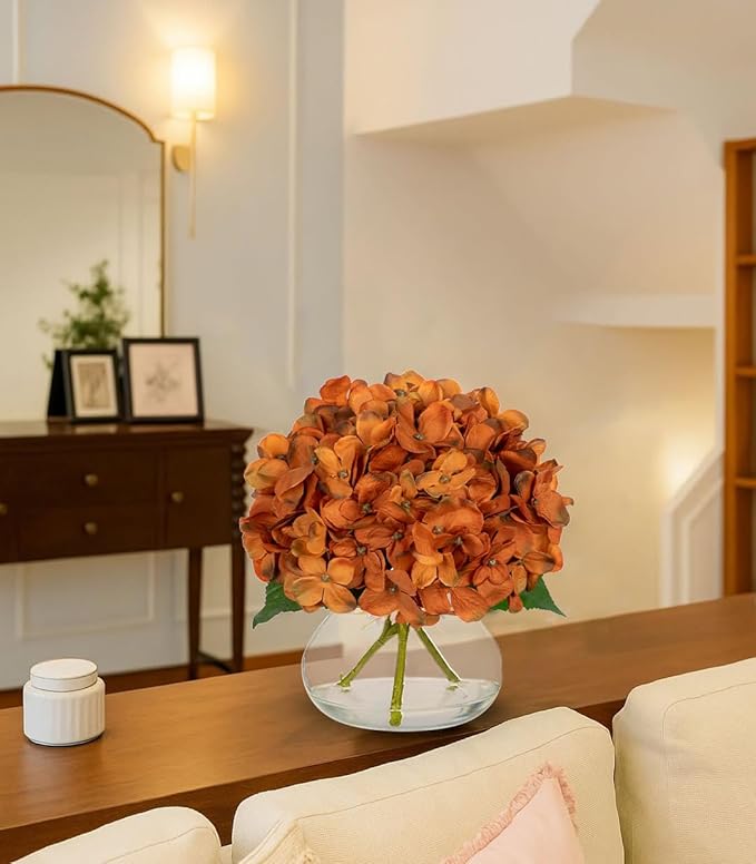 Hollyone Dark Orange Fall Hydrangea Artificial Flowers for Decoration with Glass Vase Silk Faux Flower Arrangements with Faux Water Fake Bouquet Table Centerpiece Vase with Flowers Autumn Home Decor