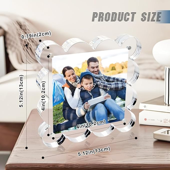 4x4 Inch Magnetic Acrylic Picture Frame,10+10mm Thick Block,Double Sided Clear scalloped frames for Desktop Display | Trendy Home Gift ((1 Pack), 4X4)