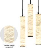 LMQNINE Natural Alabaster Pendant Lights for Kitchen Island White Marble Long Tube Chandelier Modern Black Ceiling Light Fixtures for Bedroom Dining Room Table Living Room Hallway(M-3Light)