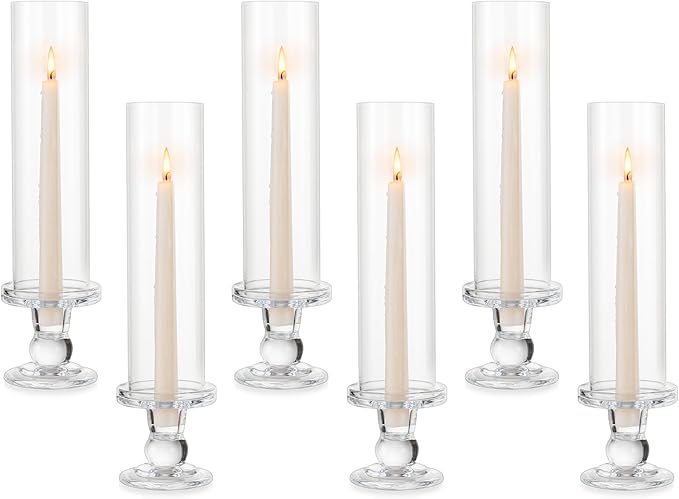Hurricane Glass Taper Candle Holder: 6Pcs Tall Hurricane Candle Holder for Home Clear Tapered Candlestick Holders with Open Ended Sleeve Glass Candle Stick Holder for Table Centerpieces