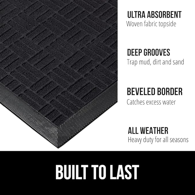 GORILLA GRIP 100% Waterproof All-Season WeatherMax Doormat 35x23, US Designed Natural Rubber, Stain and Fade Resistant, Low Profile Indoor Outdoor Door Mats, Easy Clean Patio Mat, Midnight Maze