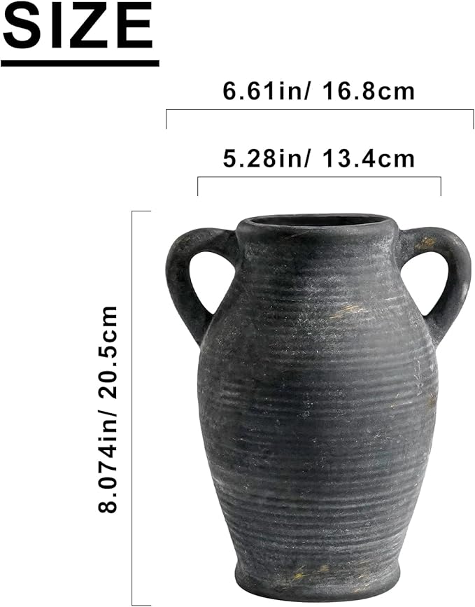 Sunddo Black Vases Home Decor, Rustic Farmhouse Ceramic Vase with 2 Handles, Vintage Stone Pottery Decorative, Living Room, Shelf Enterway, Wedding, Table Decor