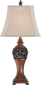 Regency Hill Exeter Traditional Style Table Lamps 30" Tall Full Size Set of 2 Bronze Wood Carved Leaf Creme Rectangular Bell Shade Decor for Living Room Bedroom House Bedside Nightstand Office