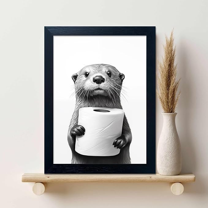 Black and White Bathroom Wall Art, Funny Bathroom Wall Decor, Toilet Paper in Raccoon's Hand Art Decor, Framed Animal Painting for Wall