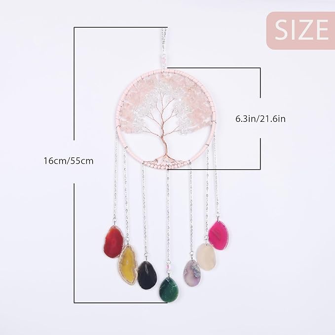 Pink 7 Agates Gemstone Dream Catcher 7 Chakras Tree of Life Dream Catcher with Healing Crystal Stones Handmade Dreamcatcher Wall Decor for Adults Boys Girls,Bedroom,Wedding,Garden,Bless Gift