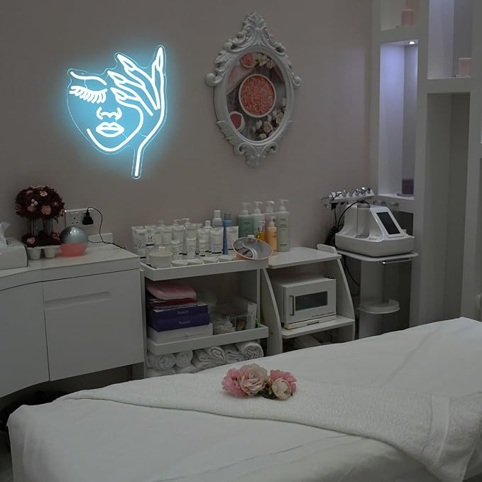 Woman Face Neon Sign Nails Finger LED Signs Lady Lash Neon Light Blue Dimmable Nail Gesture Neon Wall Sign for Bedroom Girls Room Beauty Salon Decor Aesthetic Wall Art Gifts