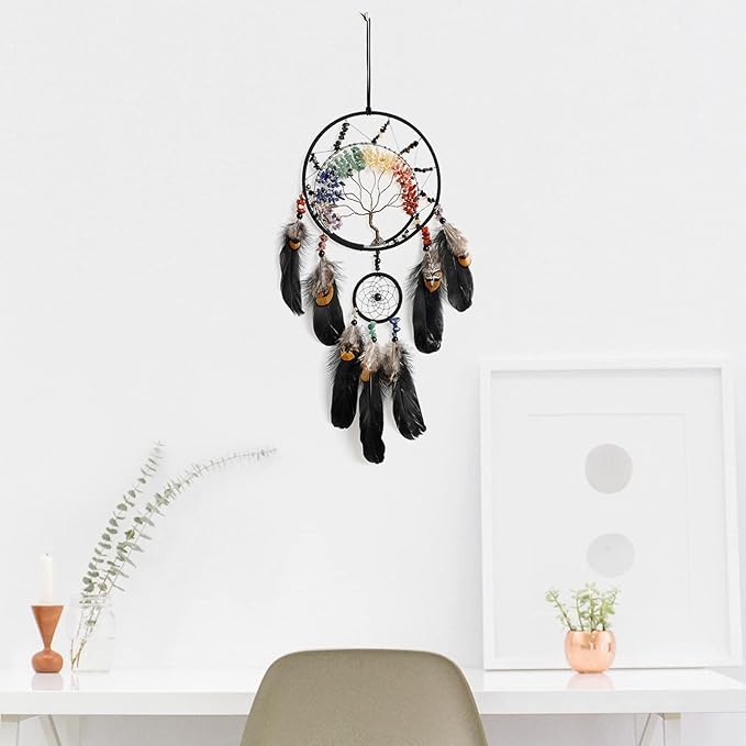 7 Chakras Black Tree of Life Dream Catchers Wall Decor with Rainbow Healing Crystal Stone Handmade Art Feather Dreamcatcher Wall Hanging Ornament for Bedroom Decor Blessing Gift Wedding Party-23.6"