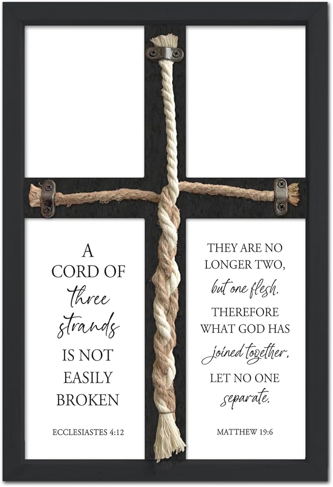 flowtorely A Cord of Three Strands Wedding Ceremony Unity Wall Decor 15"X10" Matthew 19 6 Christian Marriage Prayer Cross Sign Framed Wall Hanging Art (Black)