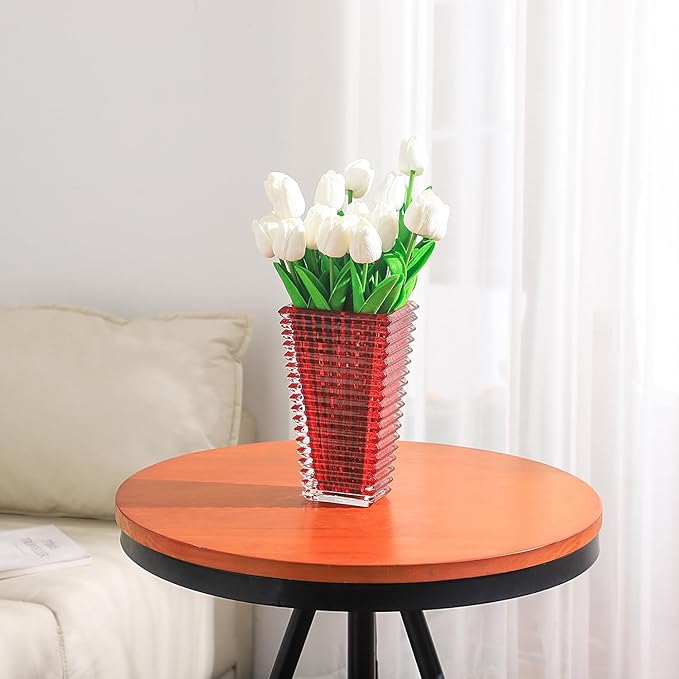 MCMCNCUIU Crystal Vase, Large Crystal Vases for Flowers, Red Large Flower Vase, Modern Glass Vases for Living Room, Bedroom, Kitchen, Dining Table, Mantle, Wedding, 9 Inches