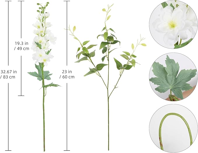 8PCS Artificial Delphinium White Flowers with Clematis Greenery Long Stem Artificial Flowers Cream for Tall Vase for Home Wedding Floral Arrangement Centerpiece Table Decor (Cream White)