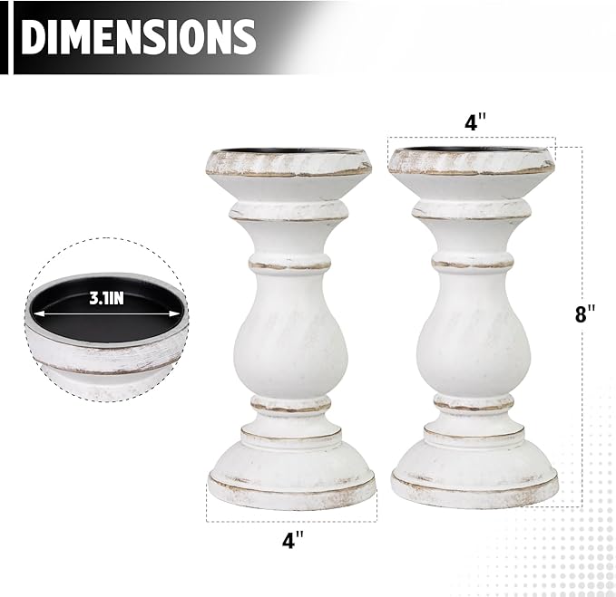 Candle Holder for Pillar Candle Set of 2, Farmhouse Wood Candle Holder, Rustic Wooden Candle Stand, Vintage Wooden Candlestick Holders Decorative for Living Room, Table Centerpiece, Antique White